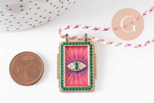 Collier médaille émaillée Oeil zircon rose vert zamac doré, collier cordon tressé 45cm x1 (G9569)
