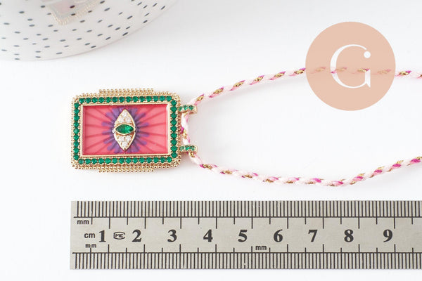 Collier médaille émaillée Oeil zircon rose vert zamac doré, collier cordon tressé 45cm x1 (G9569)