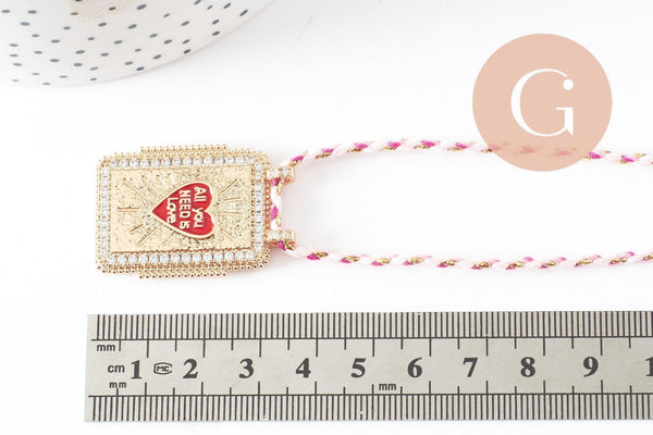 Collier médaille émaillée coeur rouge zamac doré, collier cordon tressé 45cm x1 (G9568)
