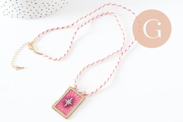 Collier médaille émaillée étoile rose violet zircon zamac doré, collier cordon tressé 45cm x1 (G9567)
