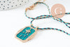 Collier médaille émaillée étoile turquoise zircon zamac doré, collier cordon tressé 45cm x1 (G9571)