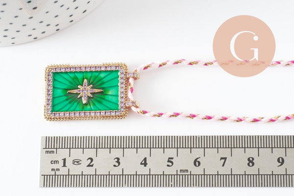Collier médaille émaillée étoile vert zircon zamac doré, collier cordon tressé 45cm x1 (G9564)