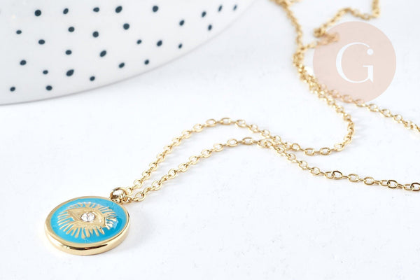 Collier médaille oeil protecteur turquoise ou noir zircon doré 304 inoxydable émaillé 45cm, cadeau anniversaire fête des mères, x1 (G8028)