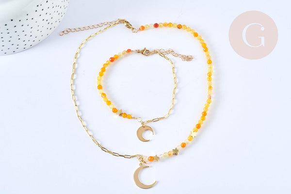 Collier ou Bracelet breloque lune laiton doré perles agate teintées, idée cadeau anniversaire, cadeau fête des mères, x1 G7898