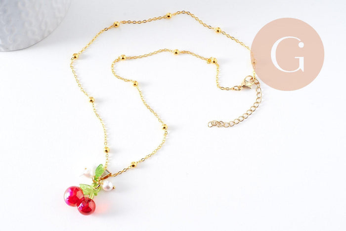 Collier pendentif fruits laiton doré et résine 44.9mm, x1 (G10279)