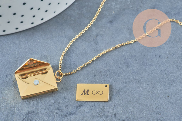 Collier pendentif locket enveloppe avec carte personnalisable acier 304 inoxydable doré IP, x1 (G10202)