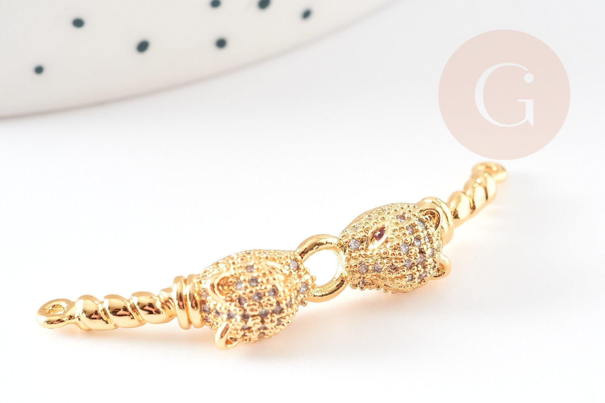 Connecteur léopard laiton doré et strass 42mm, pendentif qualité doré, création bijou luxe, x1 G2887