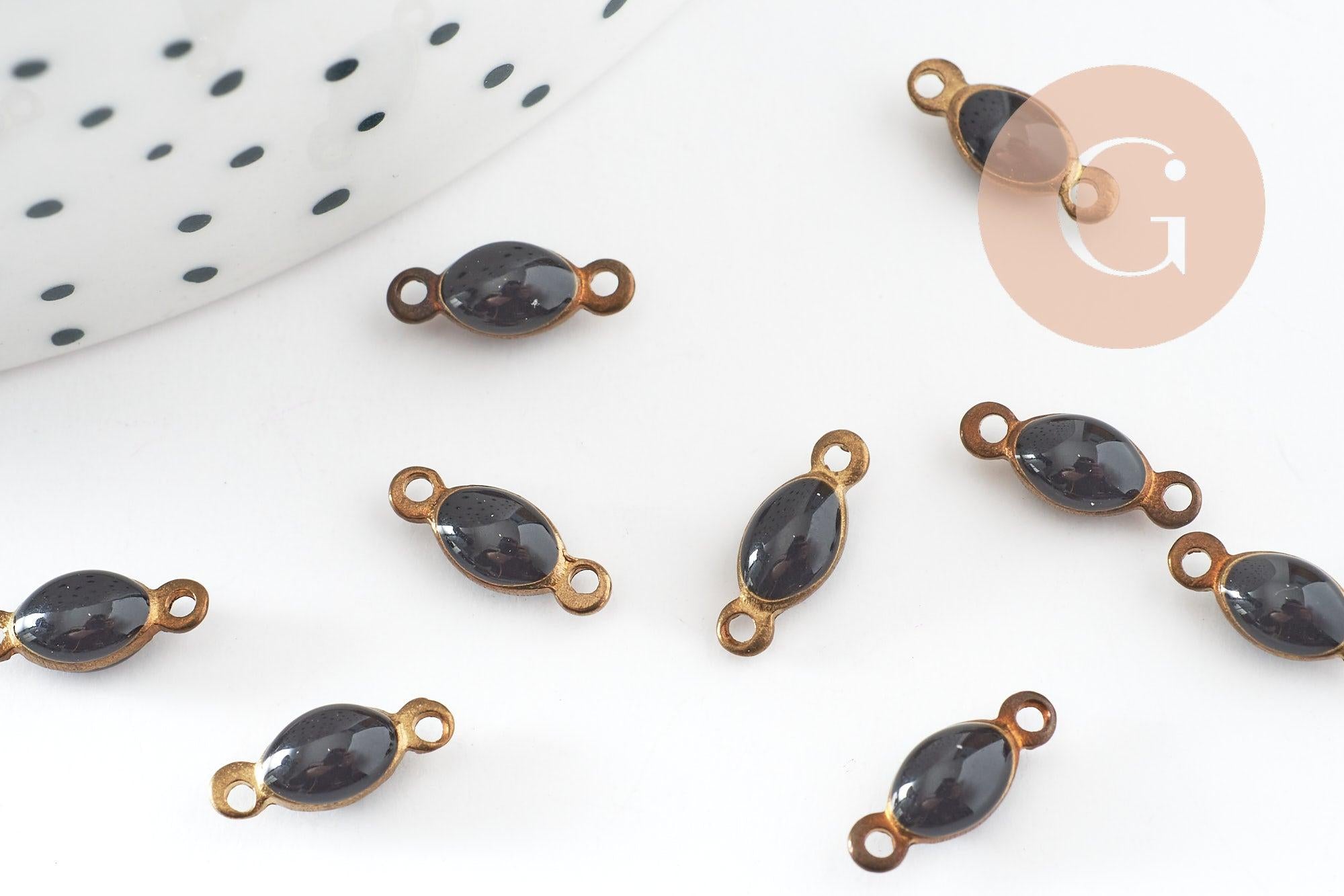 Connecteur ovale laiton brut émail noir, laiton doré, pendentif ovale, 10.5mm, x10 G3351