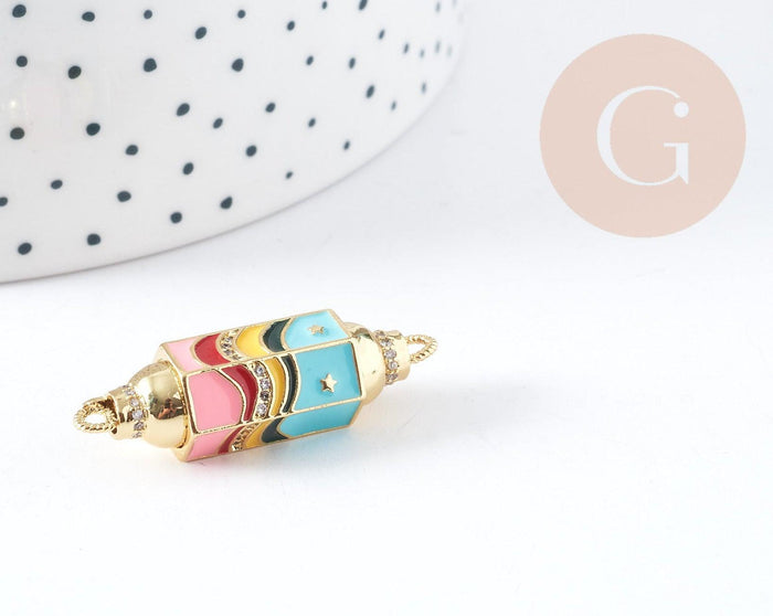 Connecteur tube talisman laiton doré 18K émaillé 37.5mm, x1 (G3540)