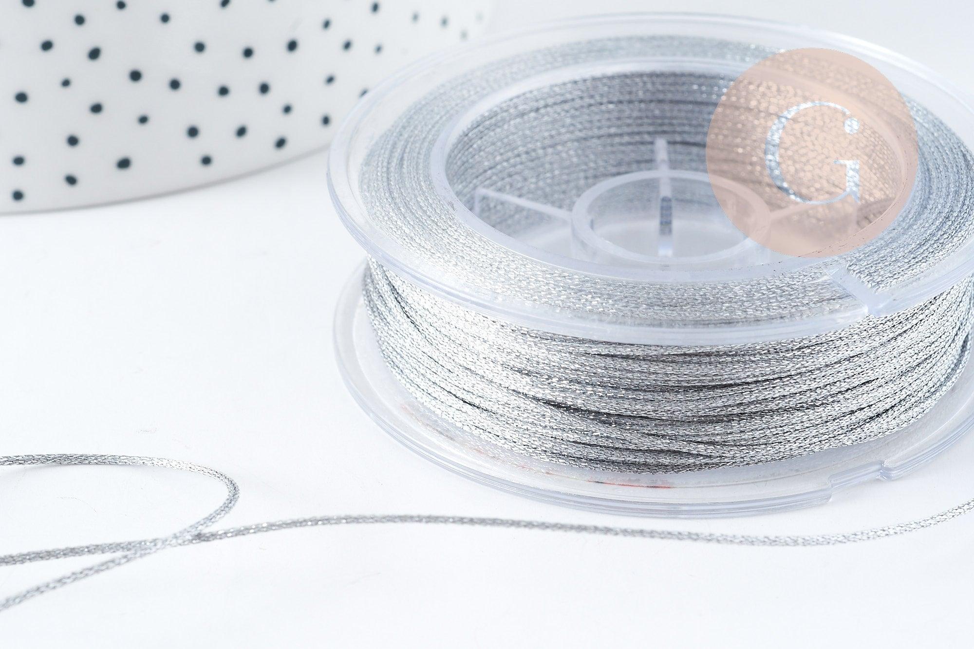 Cordon argent métallisé polyester 1mm, fil pour bijoux noeud coulissant, x1 mètre (G9091)