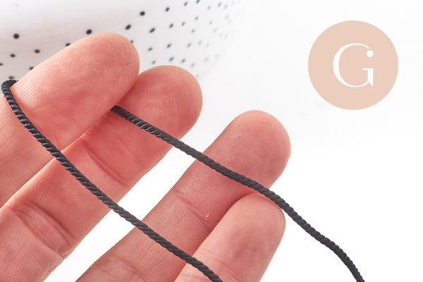 Cordon satiné torsadé noir 2mm, x1 mètre (G10885)