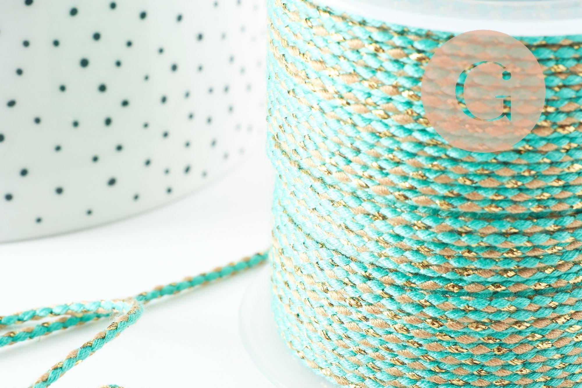 Cordon tressé Vert Jaune turquoise or 1.5mm x1 mètre G9731