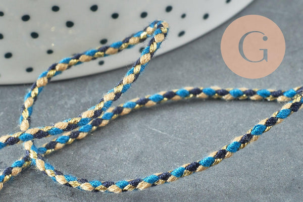 Cordon tressé bleu beige fil doré 2mm, x1 mètre (G5808)