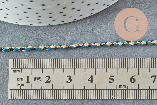 Cordon tressé bleu beige fil doré 2mm, x1 mètre (G5808)
