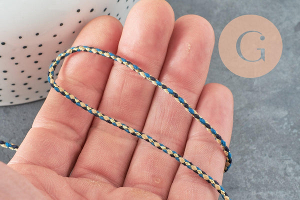 Cordon tressé bleu beige fil doré 2mm, x1 mètre (G5808)