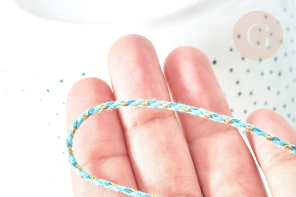 Cordon tressé bleu turquoise fil doré 1.5mm-2mm, x 1Mètre G8005