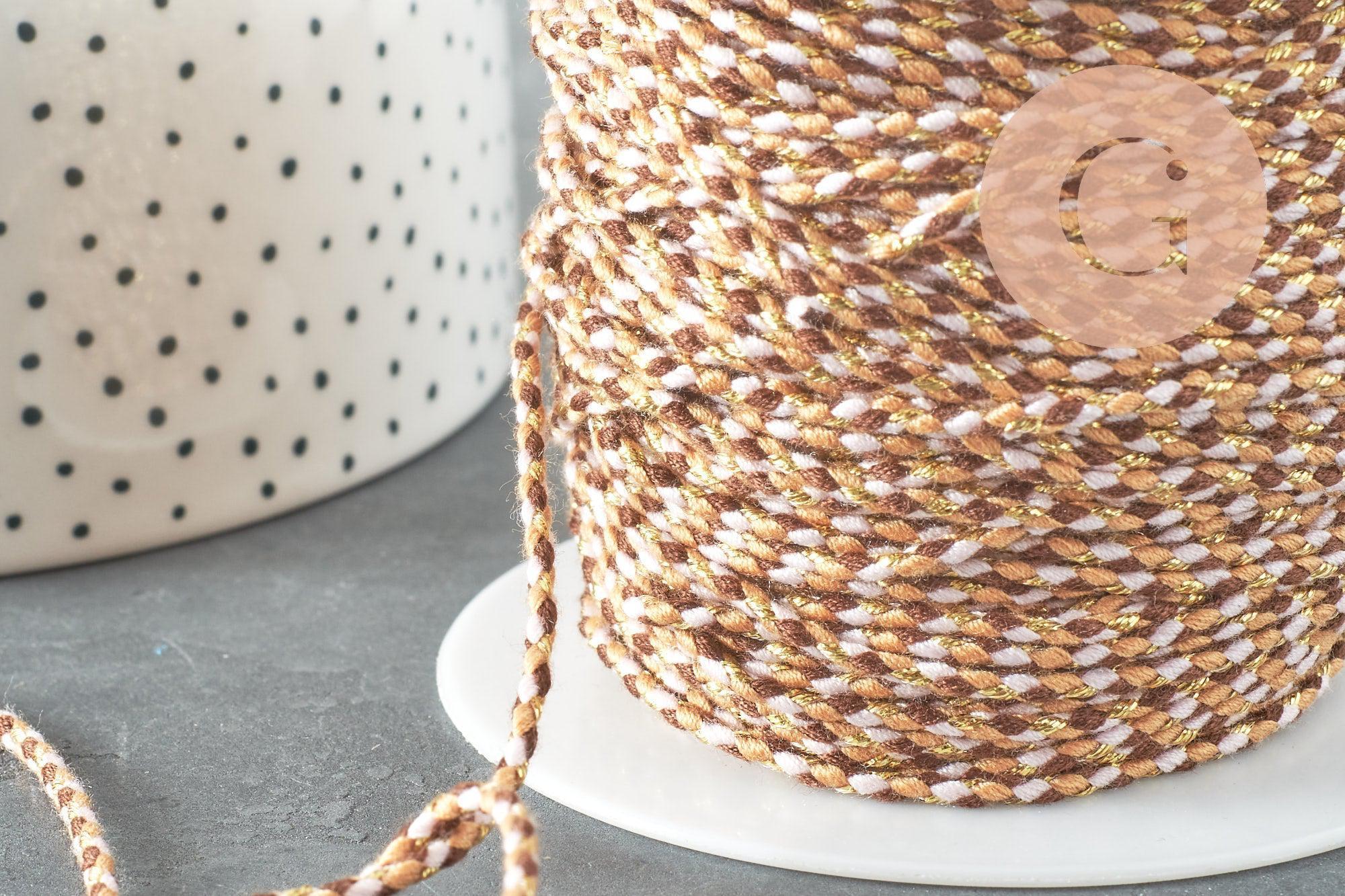 Cordon tressé marron beige fil doré polyester 2mm, x1 mètre (G6210)
