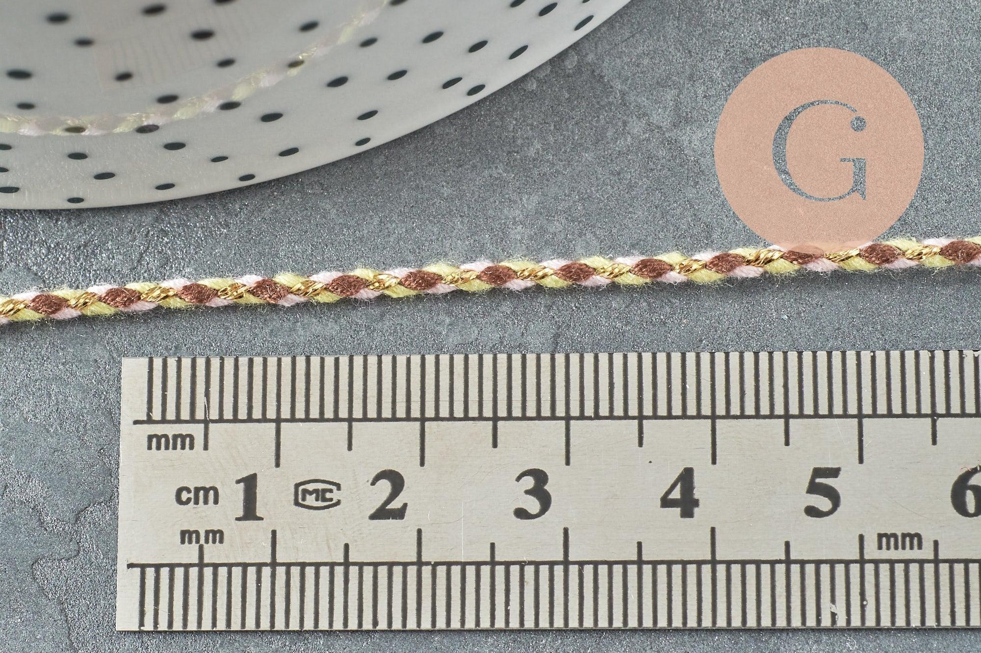 Cordon tressé marron jaune fluo fil doré, cordon pour bijoux,cordon multicolore scrapbooking, x1 mètre (G6211)