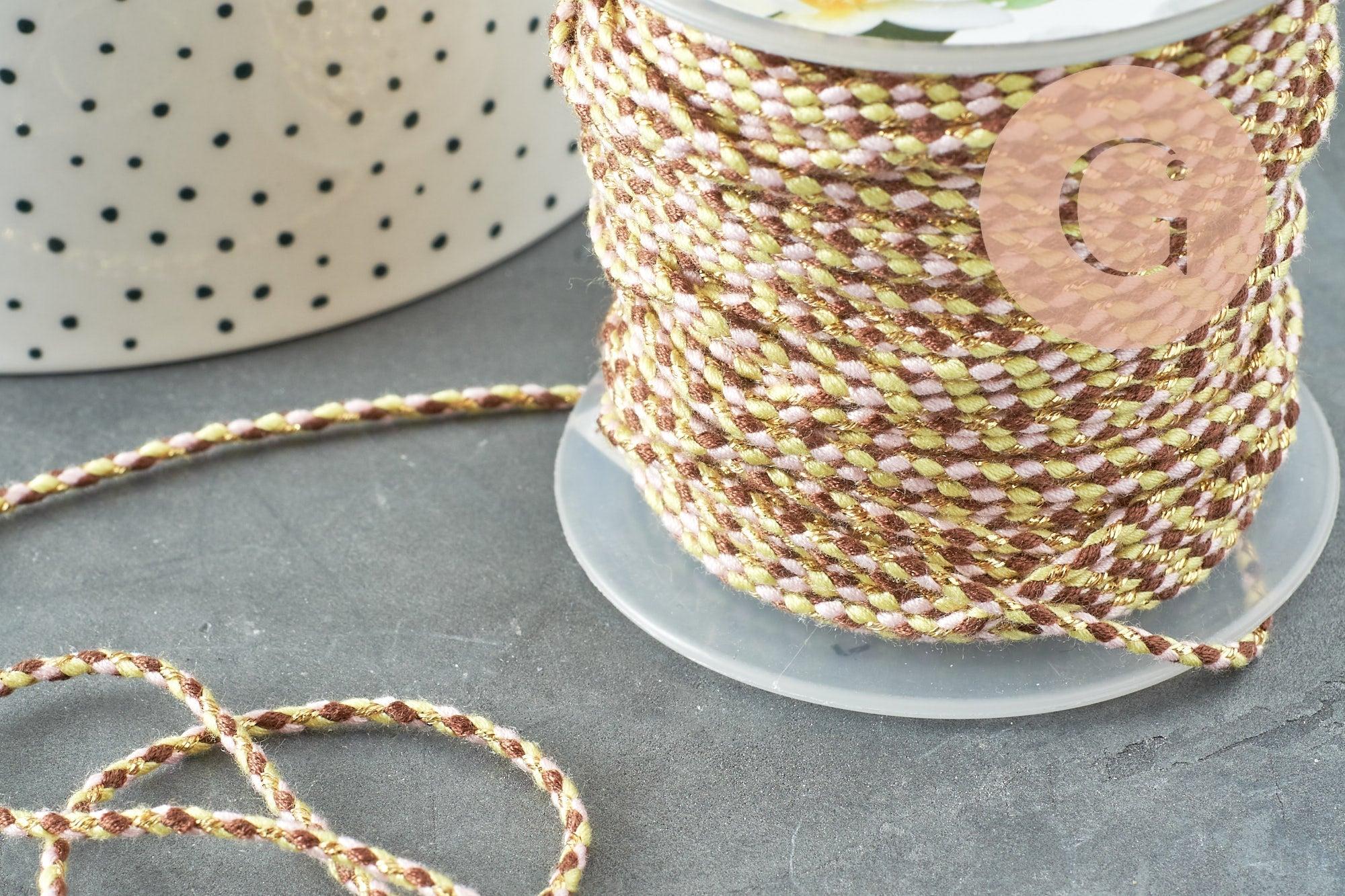 Cordon tressé marron jaune fluo fil doré, cordon pour bijoux,cordon multicolore scrapbooking, x1 mètre (G6211)