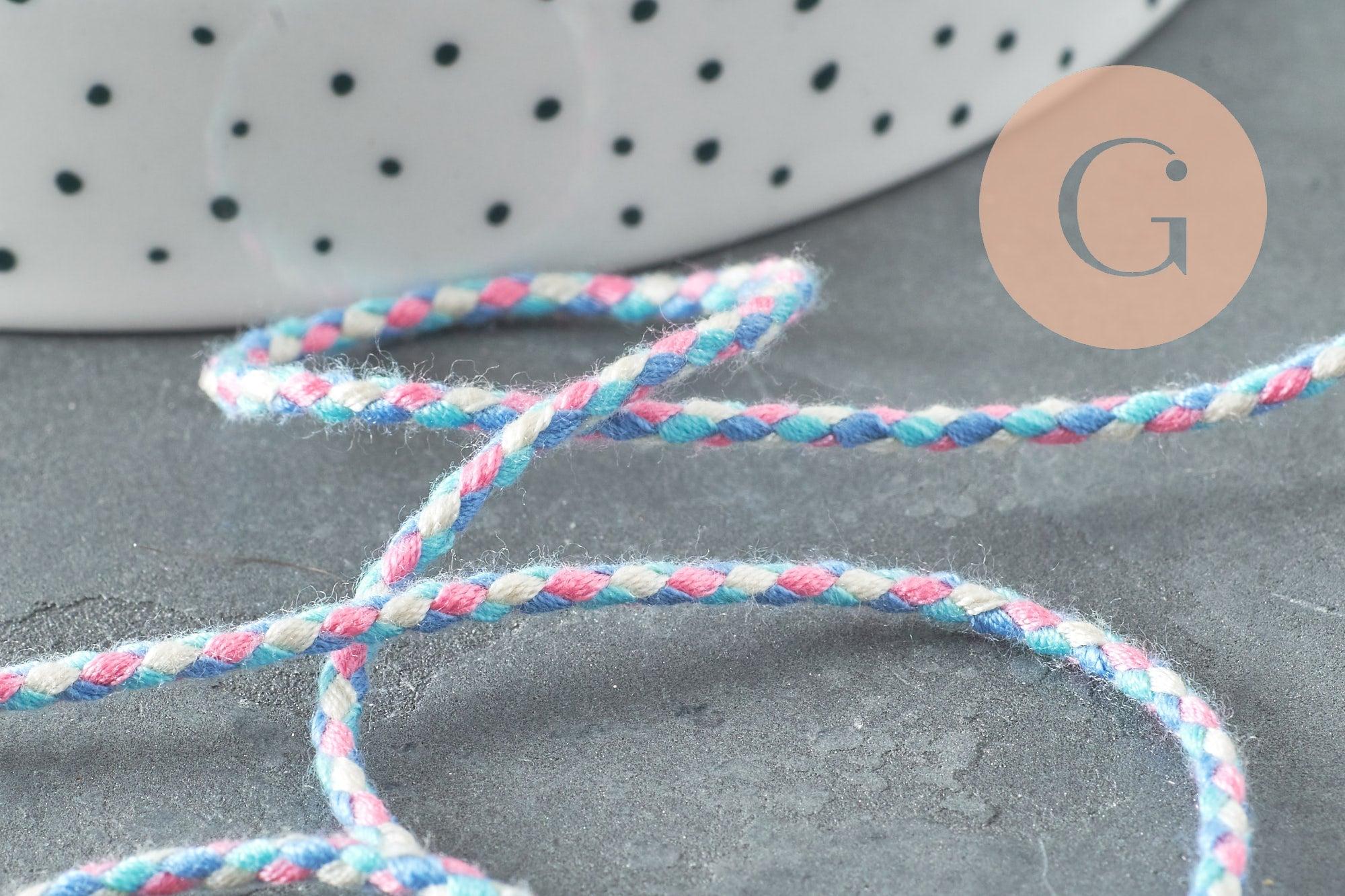 Cordon tressé rose bleu 2mm, cordon pour bijoux, cordon multicolore scrapbooking, cordon décoration, x 1Mètre G5935