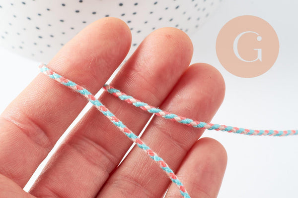 Cordon tressé turquoise beige rose fluo 2mm, x1 mètre (G9883)