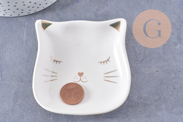 Coupelle présentoir à bijoux tête de chat porcelaine blanche et or 85mm, x1 (G10330)