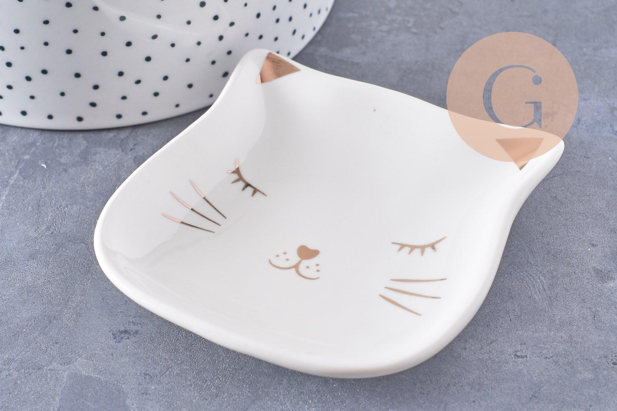 Coupelle présentoir à bijoux tête de chat porcelaine blanche et or 85mm, x1 (G10330)