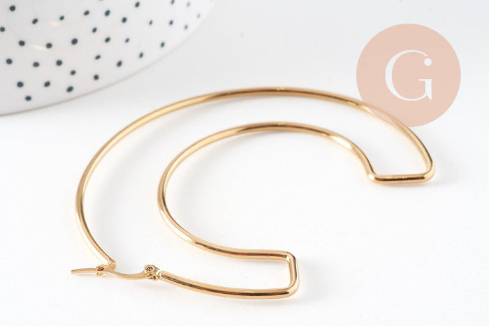 Créole lettre C acier doré, bijoux acier inoxydable, création bijoux, oreille percée,sans nickel, boucles acier, 75.5mm,la paire (G4286)