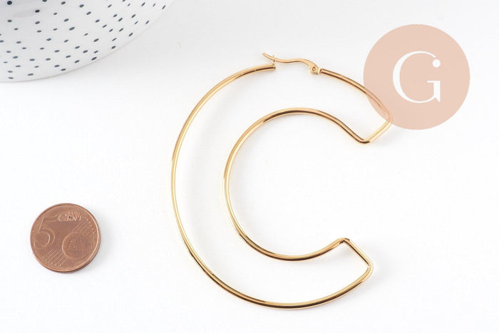 Créole lettre C acier doré, bijoux acier inoxydable, création bijoux, oreille percée,sans nickel, boucles acier, 75.5mm,la paire (G4286)