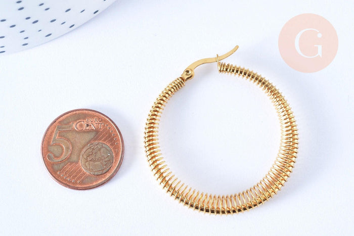 Créoles acier doré 23.5mm, bijoux doré,cadeau anniversaire, oreille percée,sans nickel, boucles acier, la paire (G6640)