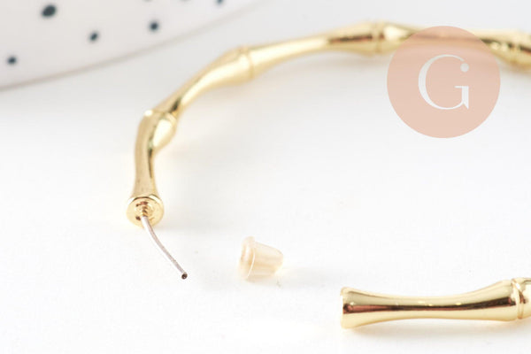 Créoles laiton doré 18k ouverte bambou 52.5mm, bijoux doré et argent 925, la paire (G4783)