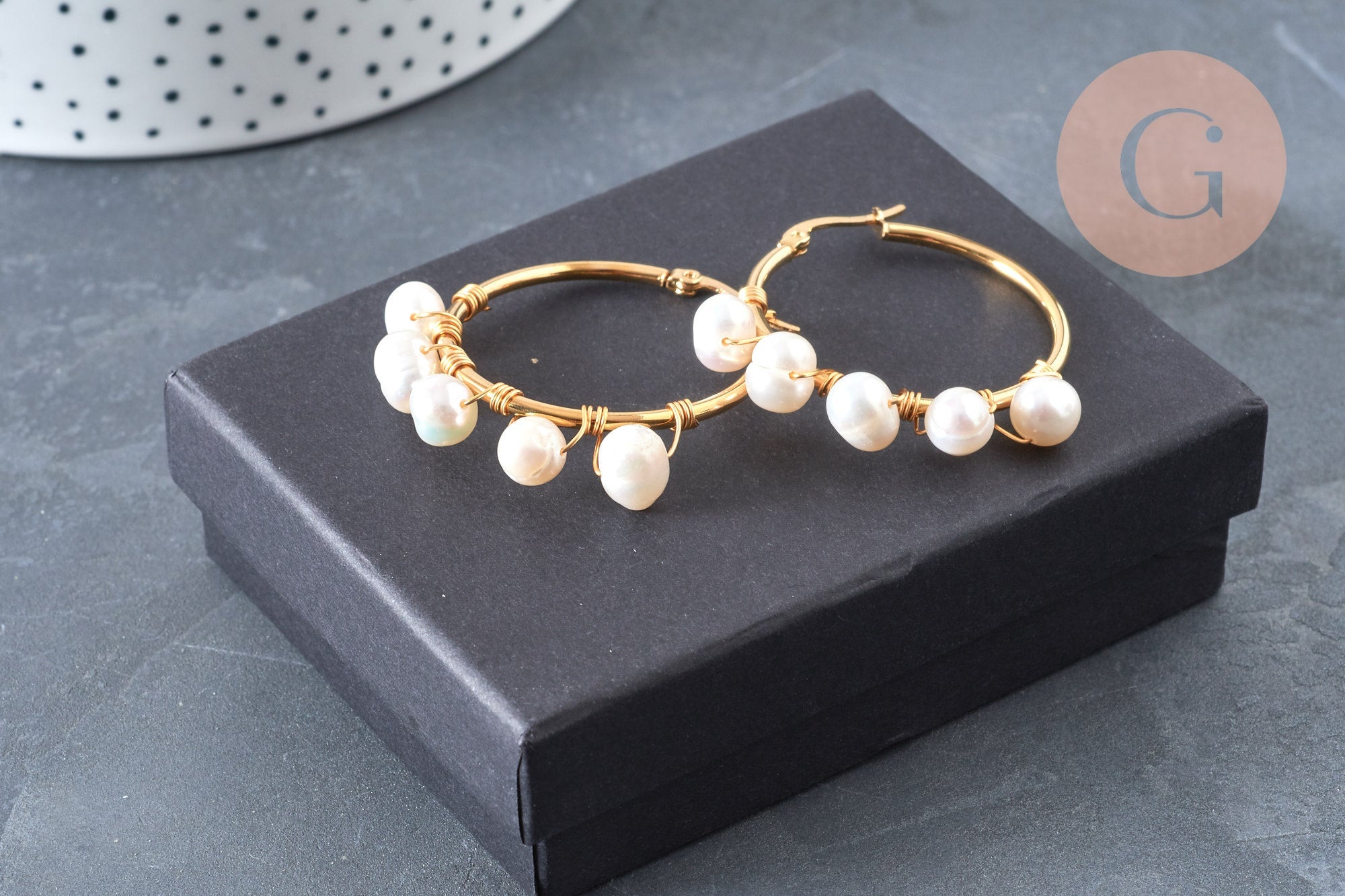 Créoles perles eau douce,acier inoxydable doré 41mm, bijoux acier inoxydable,sans nickel, oreille percée, boucles acier, la paire (G6851)