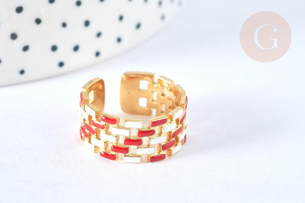 EP-Bague réglable maille croisée acier inoxydable doré émail blanc et rouge Taille 54, x1 (G7007)