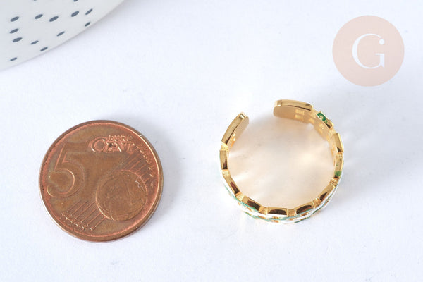 EP-Bague réglable maille croisée acier inoxydable doré émail blanc et vert Taille 54, x1 (G7001)