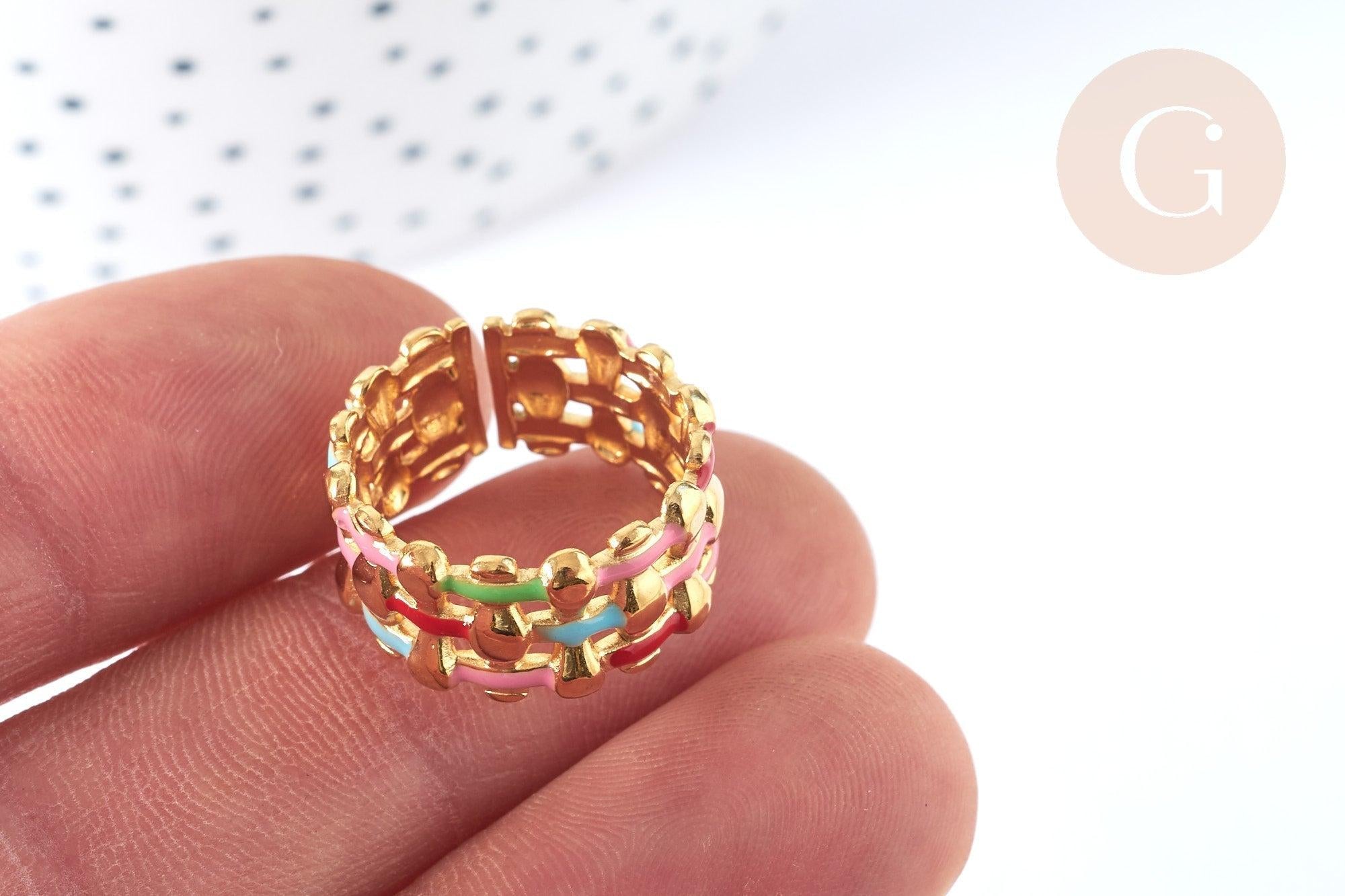 EP-Bague réglable maille croisée acier inoxydable doré émail multicolore Taille 54, x1 (G7005)
