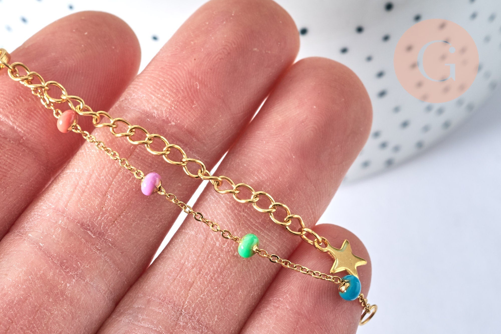 EP -Bracelet fin résine multicolore acier doré 14k avec anneaux 16mm, création bracelet acier doré inoxydable sans nickel, x1 G6805