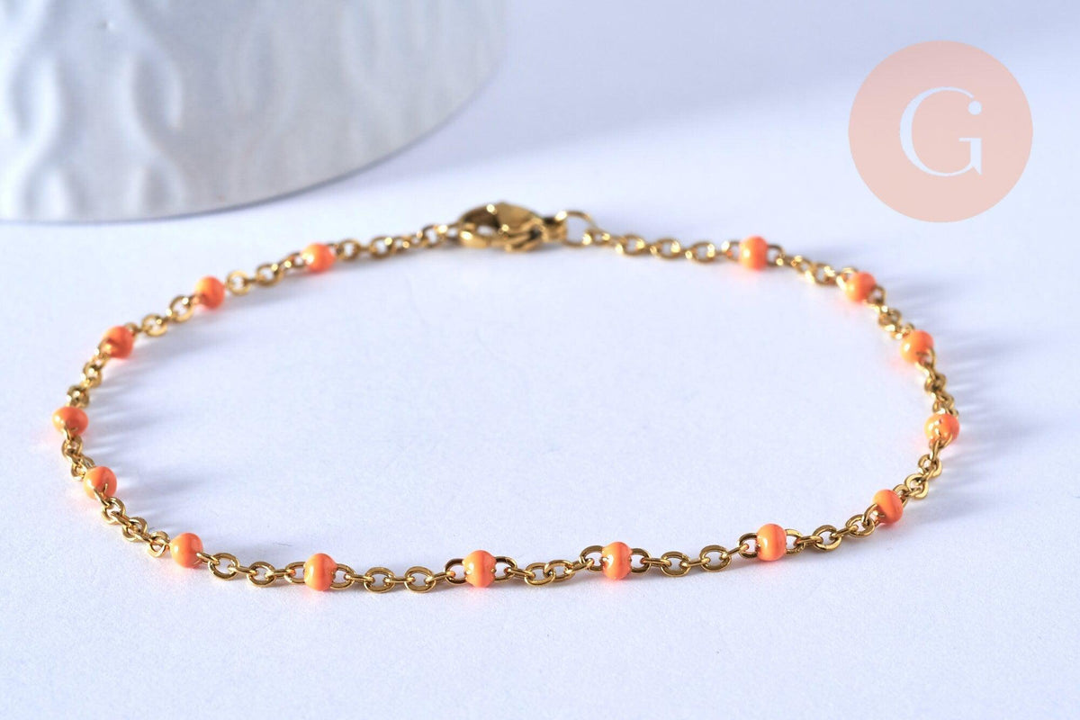 Bracelet ou collier acier doré 14k résine orange 1.5mm-20.5cm, x1 (G3709)