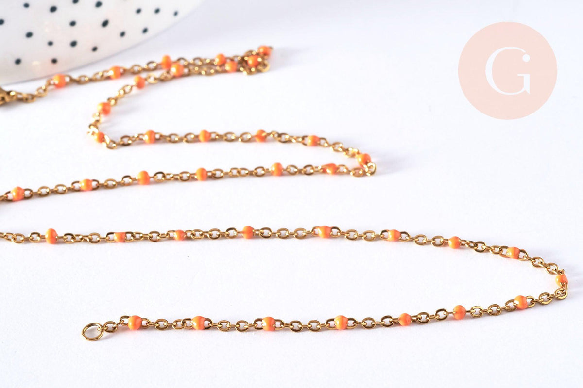 Bracelet ou collier acier doré 14k résine orange 1.5mm-20.5cm, x1 (G3709)