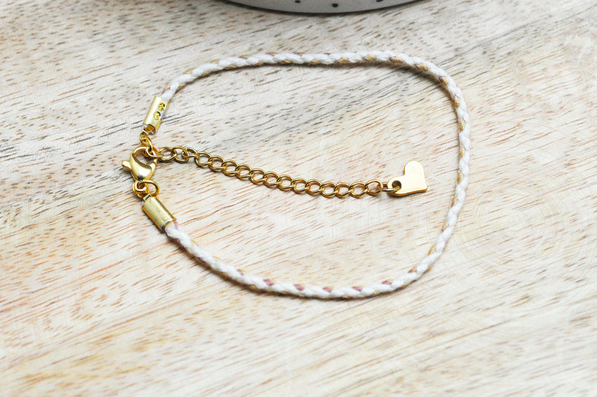 EP -Bracelet tressé coton blanc or acier doré 14k / 20.5cm, x1 G6744