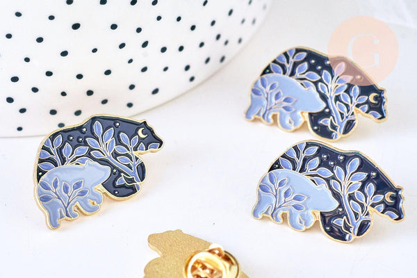 EP-Broche pins ours motif végétal doré émail noir violet 30x18mm, x1 G5537
