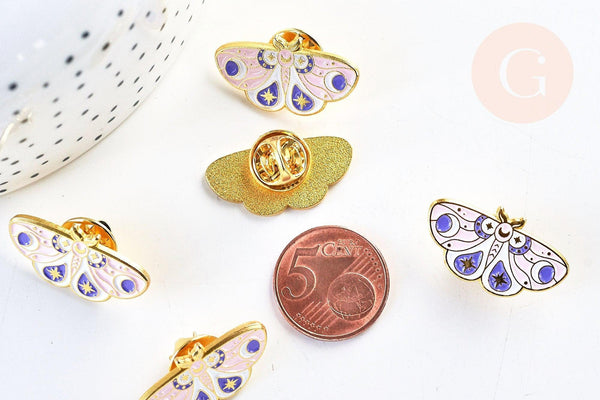 EP-Broche pins papillon mystique doré émail rose 27.5mm, x1 (G5544)