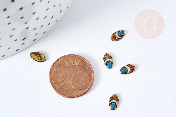 EP-Charm à coller ovale zamac bronze émail bleu et rouge 8mm, x5 (G8568)
