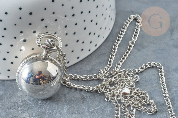 EP Collier Pendentif montre de poche rétro zamac platine 36mm, x1 G7854