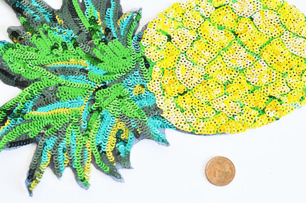 EP -Ecusson brodé à repasser ananas jaune vert doré customisation vêtement, écusson thermocollant fruit,patch écusson brodé,28cm, x1,G2863