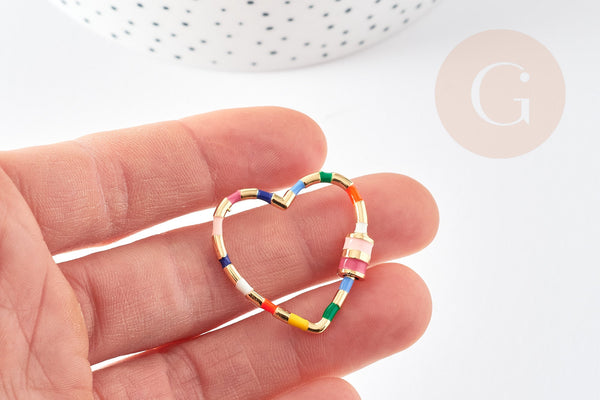 EP Fermoir à vis laiton doré 16k rayé coloré coeur 30.5mm, x1 (G4268)