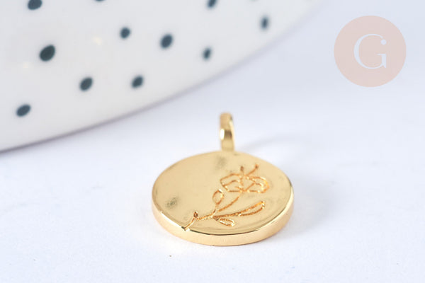 EP Pendentif Médaille ronde dorée laiton fleur gravée 17,5mm, médaille doréecréation bijoux, x1