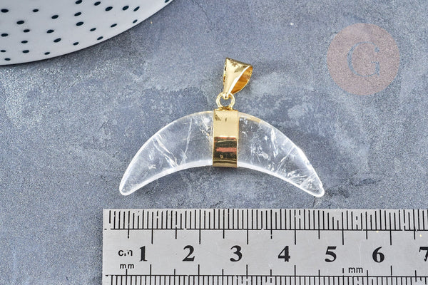 EP Pendentif croissant de lune Cristal de roche naturel support laiton doré 42mm, pierre naturelle x1 G8680