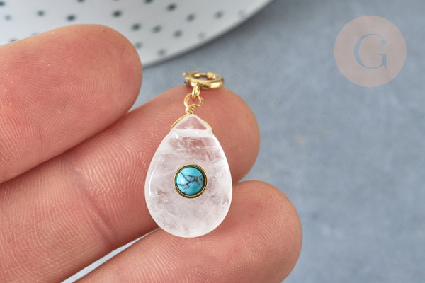 EP-Pendentif goutte amulette cristal de roche naturel acier inoxydable doré 30mm, x1 (G7631)