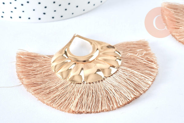 EP Pendentif large pompon fil rose beige support doré,pendentif en fil sur support doré, 85-92mm, x 2 G6839