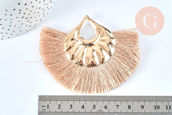 EP Pendentif large pompon fil rose beige support doré,pendentif en fil sur support doré, 85-92mm, x 2 G6839